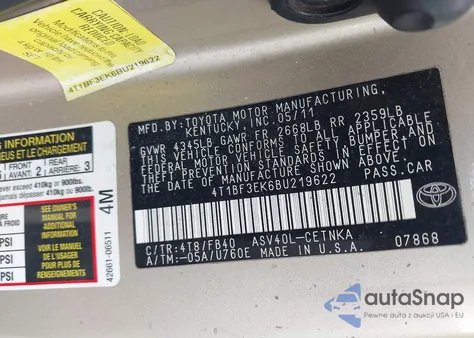 2011 Toyota Camry Le from USA, damaged, VIN 4T1BF3EK6BU219622